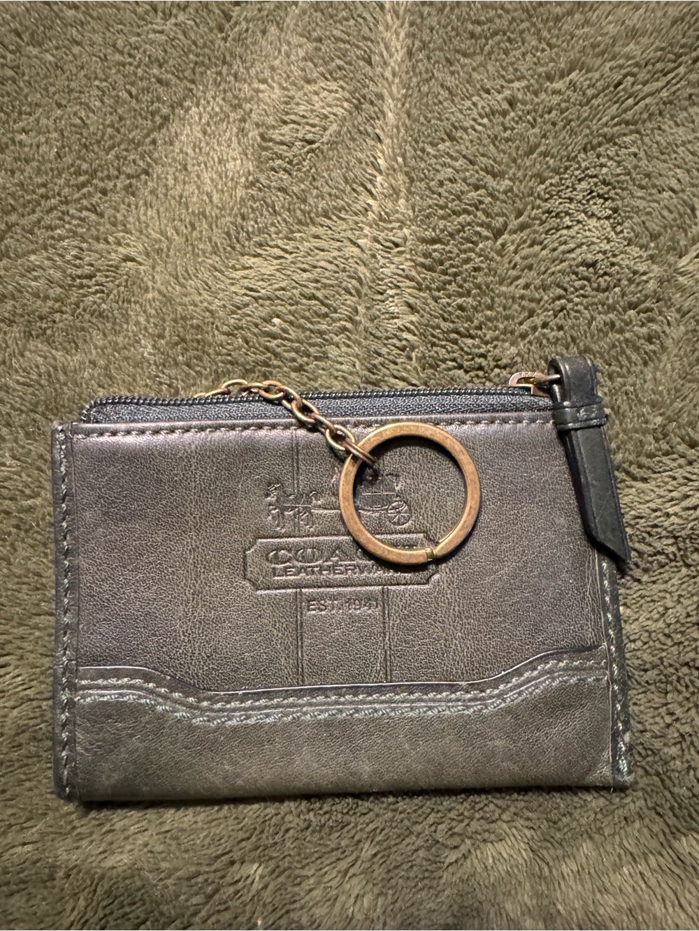 Coach Black Leather Zip Card Holder with Key Ring